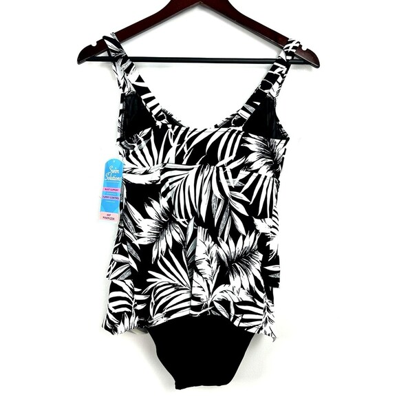 Swim Solutions Feather Bloom Black White Triple Tier One Piece Swimsuit Sz 8 - Picture 8 of 12